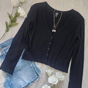 Wild Fable Ribbed Crop Cardigan Black Button Front V-Neck Fitted Top